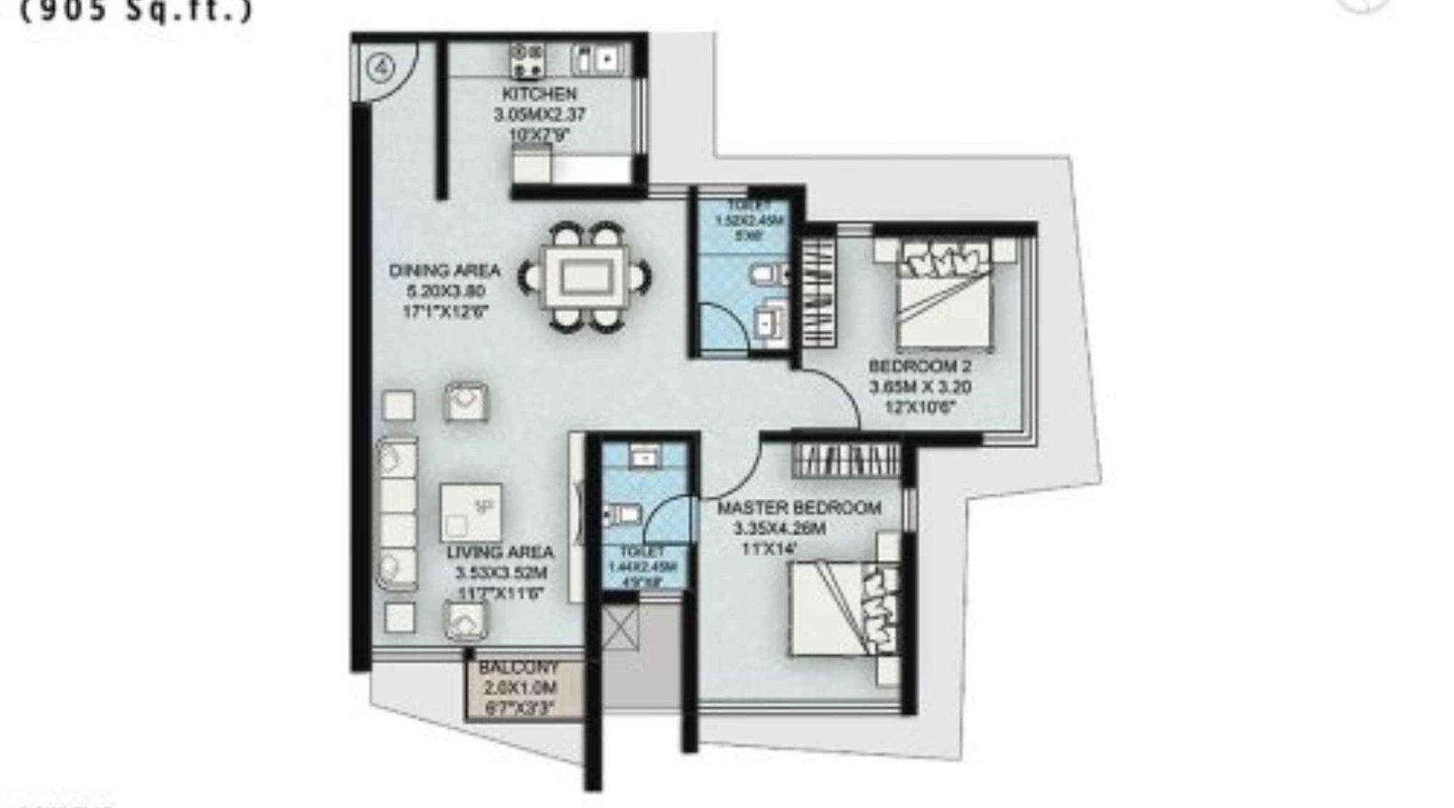 Suraj-Palette-Floor-Plan-2 BHK-905 sqft